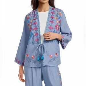 NWOT Johnny Was Elizabeth Floral Embroidered Front Tie Kimono Blue Multi Medium
